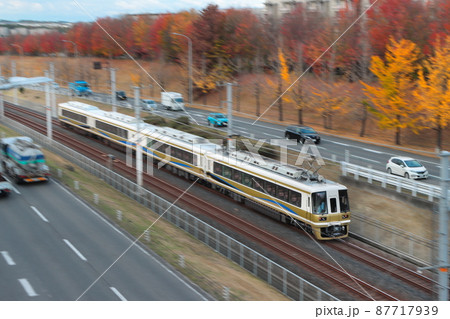 紅葉の中整然と並んで走る自動車たちと泉北高速鉄道の電車_2021/11/27撮影 87717939