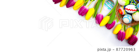 Beautiful Easter background with colorful Easter eggs 87720963