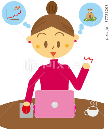 株式投資や仮想通貨で持ち株がストップ高になって儲けて喜ぶ女性のイラスト。トレーダー 株式投資や仮想通貨で持ち株がストップ高になって儲けて喜ぶ女性のイラスト。トレーダー 87721203