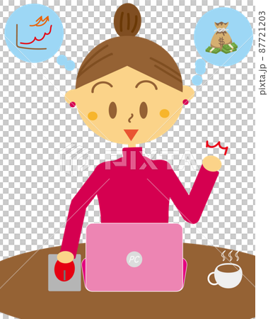 株式投資や仮想通貨で持ち株がストップ高になって儲けて喜ぶ女性のイラスト。トレーダー 株式投資や仮想通貨で持ち株がストップ高になって儲けて喜ぶ女性のイラスト。トレーダー 87721203