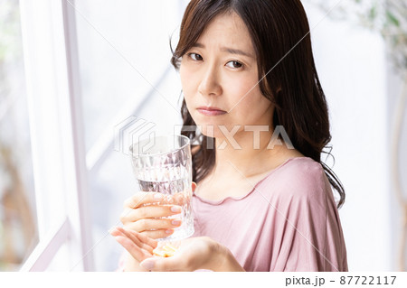 カプセル錠剤とグラスを持って不安げな表情を見せる部屋着の女性 87722117