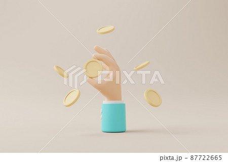 Hand holding gold coin and coins falling on the floor Hand holding gold coin and coins falling on the floor 87722665