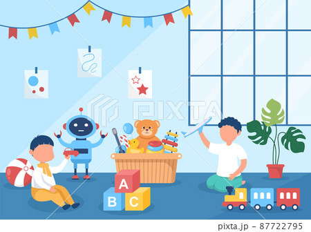 Cute Children Playing with Various Toy at Kindergarten in Flat Cartoon Style Illustration. Interior of Playroom for fun and Gaming 87722795