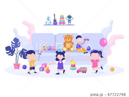 Cute Children Playing with Various Toy at Kindergarten in Flat Cartoon Style Illustration. Interior of Playroom for fun and Gaming 87722798