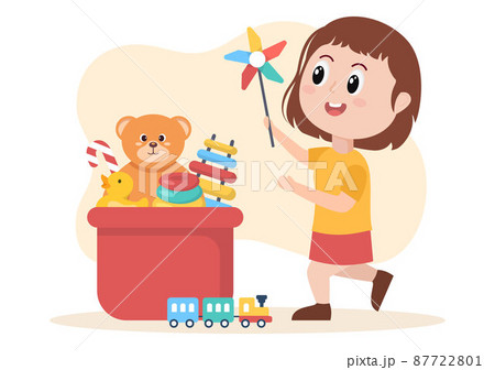 Cute Children Playing with Various Toy at Kindergarten in Flat Cartoon Style Illustration. Interior of Playroom for fun and Gaming 87722801