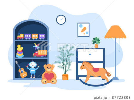 Cute Kids Toy Box Full at Kindergarten in Flat Cartoon Style Illustration. Interior of Playroom for fun and Gaming 87722803