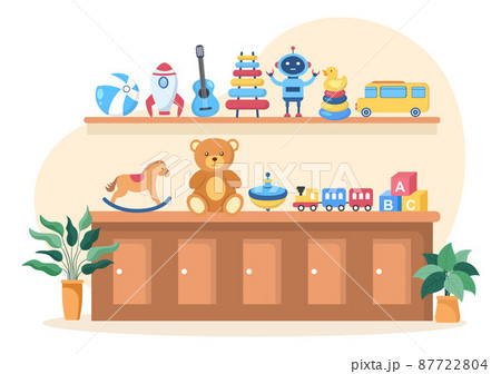 Cute Kids Toy Box Full at Kindergarten in Flat Cartoon Style Illustration. Interior of Playroom for fun and Gaming Cute Kids Toy Box Full at Kindergarten in Flat Cartoon Style Illustration. Interior of Playroom for fun and Gaming 87722804