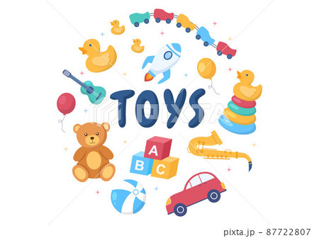 Cute Kids Toy Box Full at Kindergarten in Flat Cartoon Style Illustration. Interior of Playroom for fun and Gaming 87722807