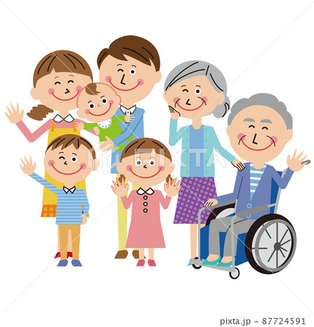 ポップな3世代家族 車いすのお爺ちゃんとハーイ! ポップな3世代家族 車いすのお爺ちゃんとハーイ! 87724591