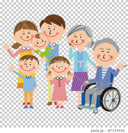 ポップな3世代家族 車いすのお爺ちゃんとハーイ! ポップな3世代家族 車いすのお爺ちゃんとハーイ! 87724591