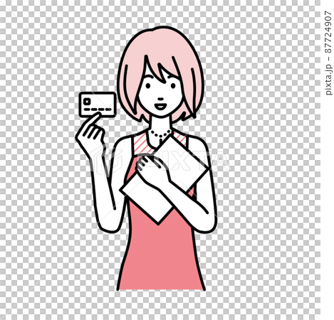 Woman in a dress standing and holding documents and cards Woman in a dress standing and holding documents and cards 87724907