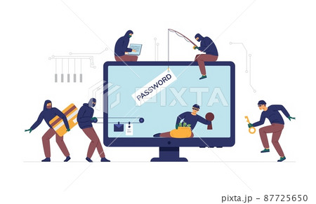 Cyber security flat vector illustration. Computer fraud and internet scam, hacker thief steal online and email data. 87725650