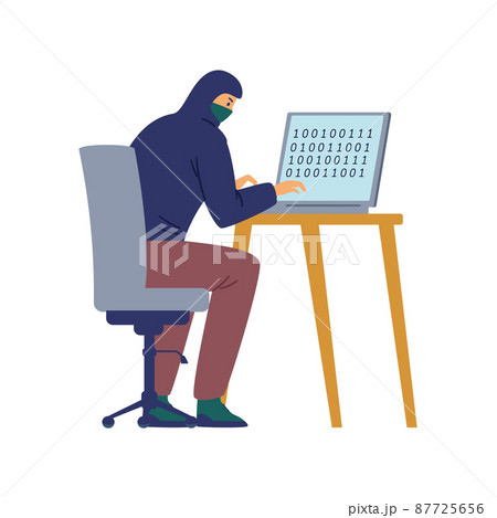 Hacker, wearing hoodie and balaclava mask, sit with a laptop breaking security system to steal data or activating virus. 87725656