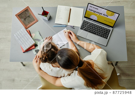 Girl with Down Syndrome Studying with Mom Top View Girl with Down Syndrome Studying with Mom Top View 87725948