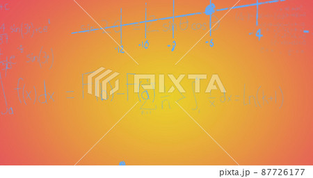 Image of hand written mathematical formulae over yellow to red background Image of hand written mathematical formulae over yellow to red background 87726177