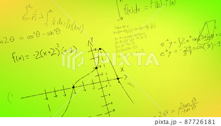 Image of hand written mathematical formulae over yellow background Image of hand written mathematical formulae over yellow background 87726181