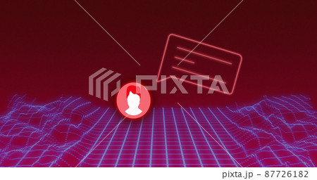 Image of media icon and mountains on red background Image of media icon and mountains on red background 87726182