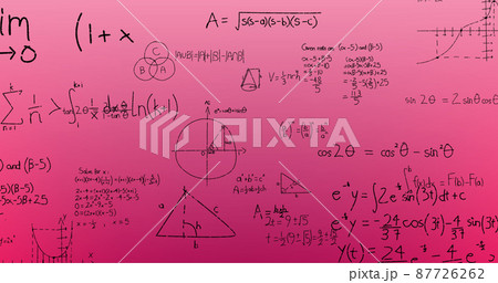 Image of hand written mathematical formulae over pink background 87726262