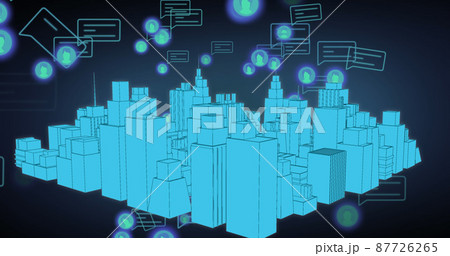 Image of media icons and city on blue background 87726265