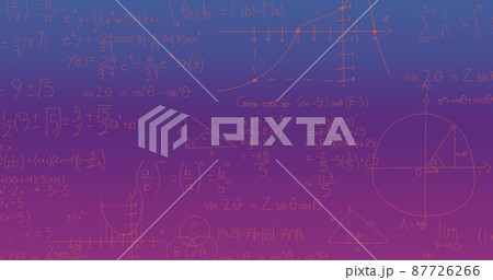 Image of handwritten mathematical formulae over blue to purple background 87726266