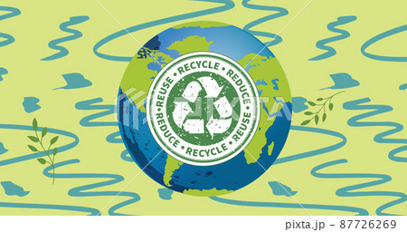 Image of recycling sign and text over globe on blue and green background 87726269