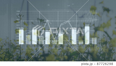 Image of financial data processing over wind turbines and landscape 87726298