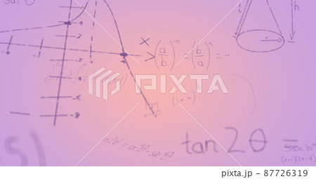 Image of handwritten mathematical formulae over purple background 87726319