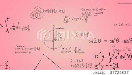 Image of hand written mathematical formulae over pink background Image of hand written mathematical formulae over pink background 87726337