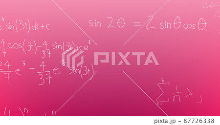 Image of hand written mathematical formulae over pink background 87726338