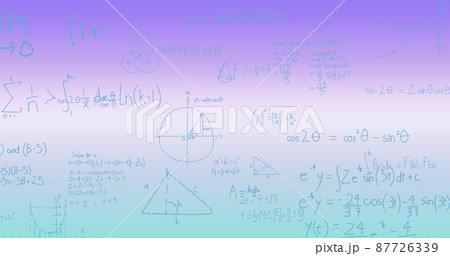 Image of handwritten mathematical formulae over blue to purple background Image of handwritten mathematical formulae over blue to purple background 87726339