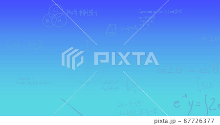 Image of handwritten mathematical formulae over blue background 87726377