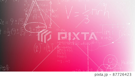 Image of hand written mathematical formulae over pink background Image of hand written mathematical formulae over pink background 87726423