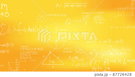 Image of hand written mathematical formulae over yellow background 87726428
