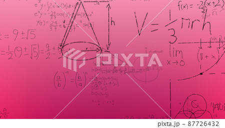 Image of hand written mathematical formulae over pink background Image of hand written mathematical formulae over pink background 87726432