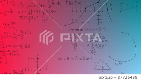 Image of handwritten mathematical formulae over blue to pink background 87726439
