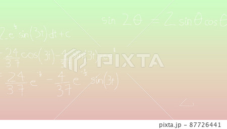 Image of handwritten mathematical formulae over green to pink background 87726441