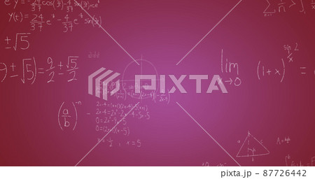 Image of handwritten mathematical formulae over purple background 87726442