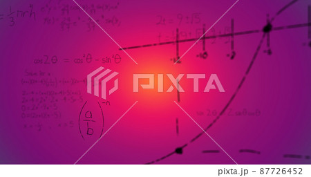 Image of hand written mathematical formulae over pink background 87726452