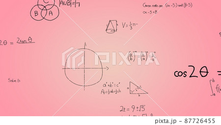 Image of hand written mathematical formulae over pink background Image of hand written mathematical formulae over pink background 87726455