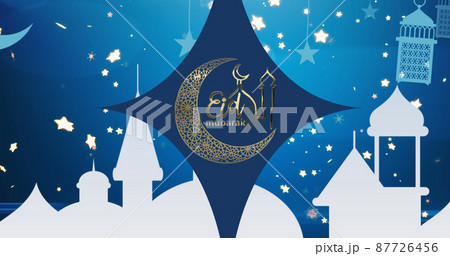 Image of eid mubarak text with mosque and crescent over blue glowing background 87726456