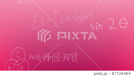 Image of hand written mathematical formulae over pink background Image of hand written mathematical formulae over pink background 87726464