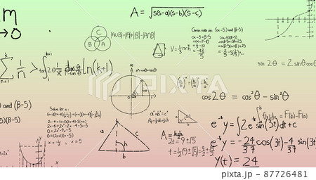 Image of handwritten mathematical formulae over green to pink background 87726481
