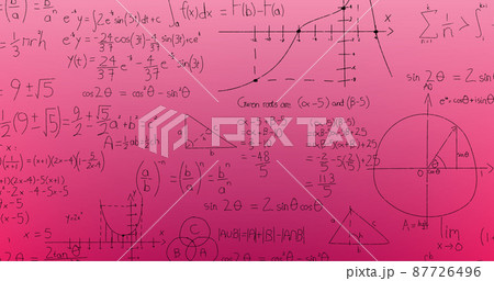 Image of hand written mathematical formulae over pink background Image of hand written mathematical formulae over pink background 87726496