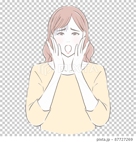 A woman in plain clothes who puts her hands on her cheeks and is shocked and screams A woman in plain clothes who puts her hands on her cheeks and is shocked and screams 87727269