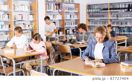 Teenage boys and girls in library 87727404