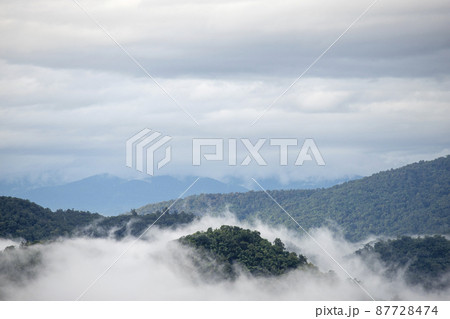 Top view Landscape of Morning Mist with Mountain Layer at north of Thailand Top view Landscape of Morning Mist with Mountain Layer at north of Thailand 87728474