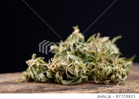 cannabis leaf on old wooden table 87729825