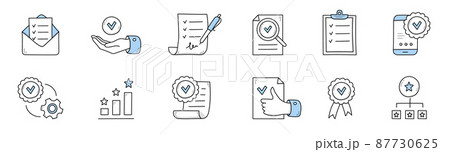 Quality control, product guarantee icons 87730625