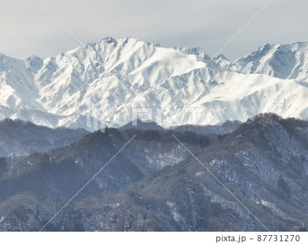 アルプス展望台からの唐松岳・不帰の剣の雄大な眺め 長野県小川村(ドローンによる空撮) アルプス展望台からの唐松岳・不帰の剣の雄大な眺め 長野県小川村(ドローンによる空撮) 87731270