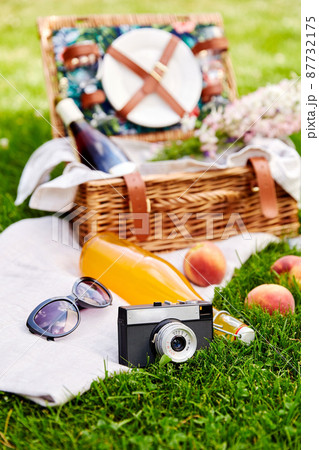 camera, picnic basket, juice bottle and sunglasses camera, picnic basket, juice bottle and sunglasses 87732175